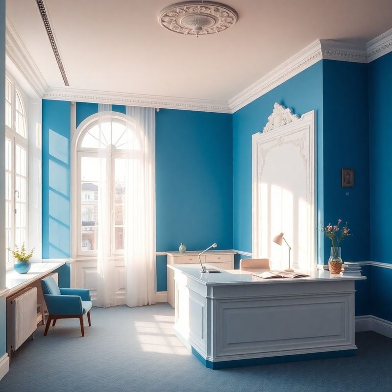 Světlý minimalistický interiér brněnské kanceláře s modrými akcenty